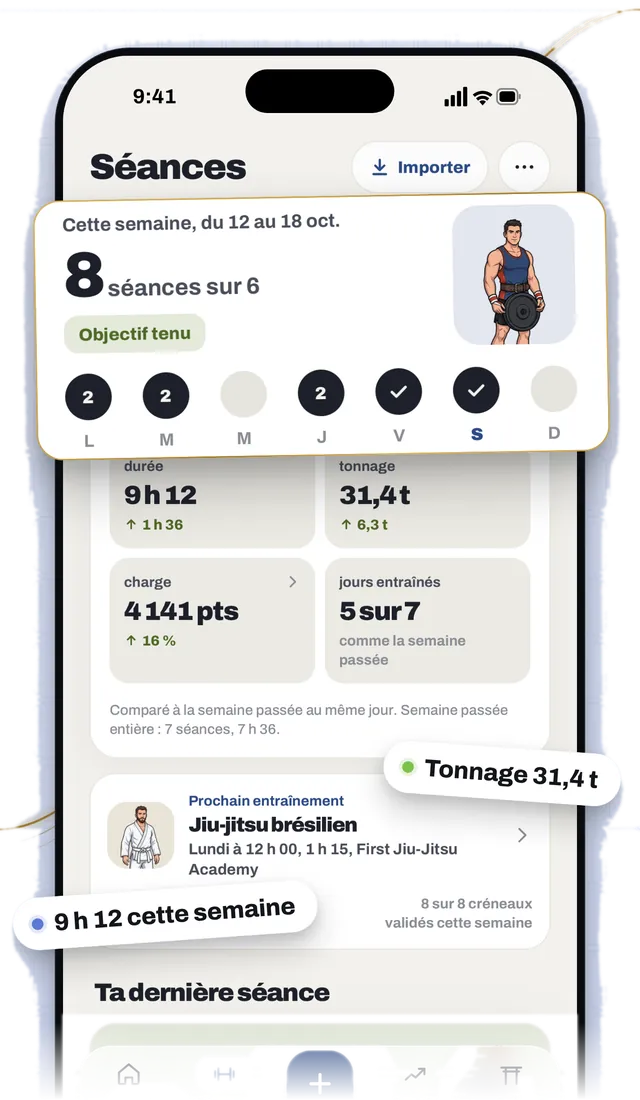 Écran Séances de YOROI avec l'objectif de la semaine